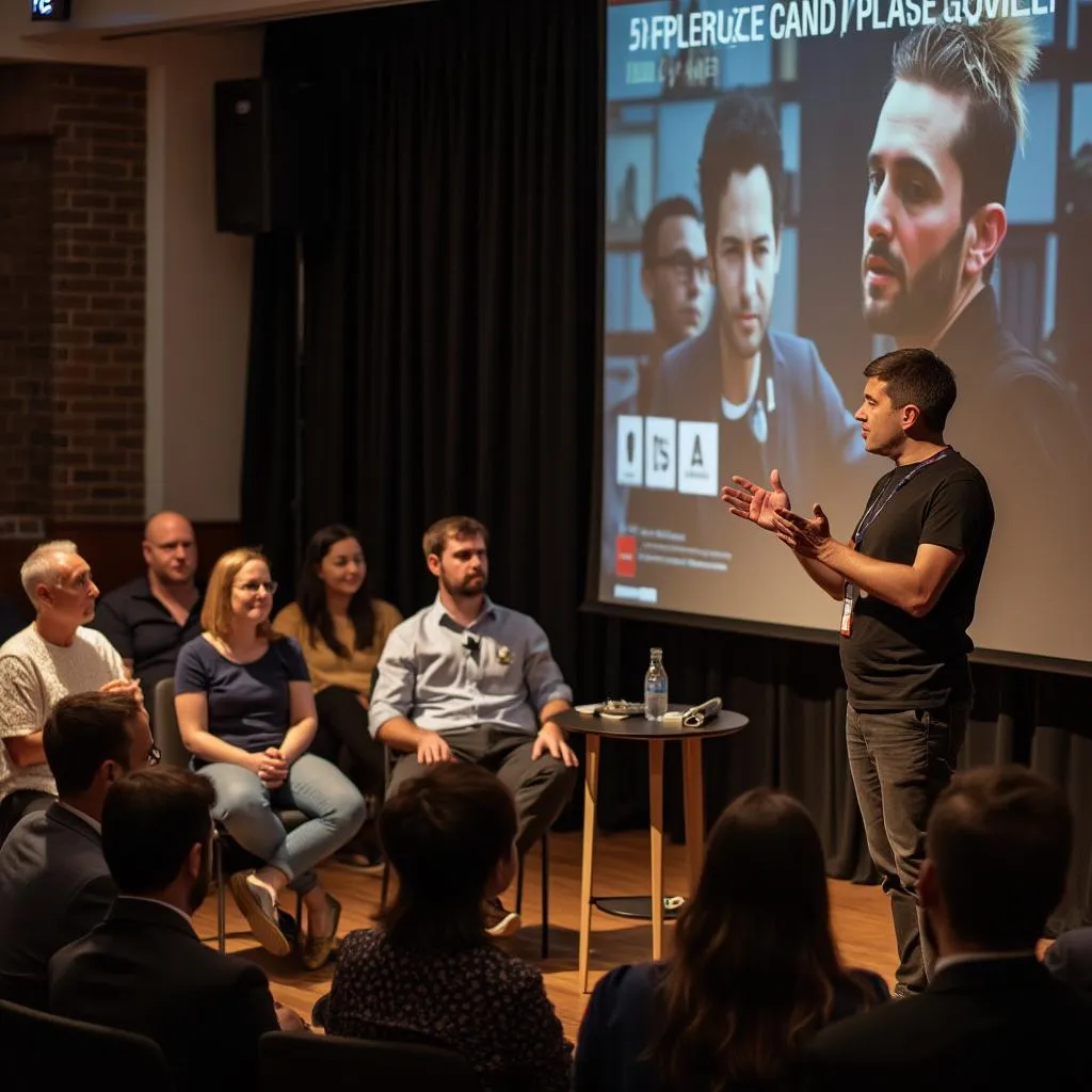 Coach speaking at a London personal development event